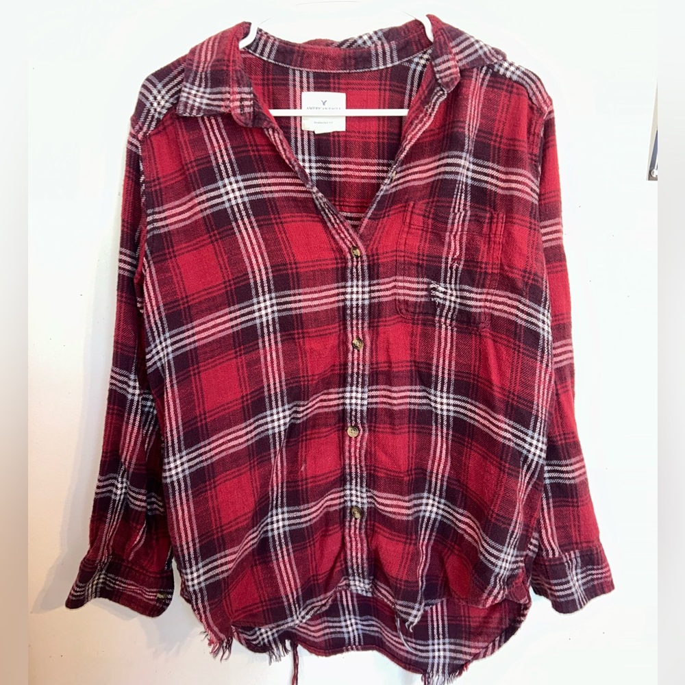 American Eagle Distressed Flannel Top